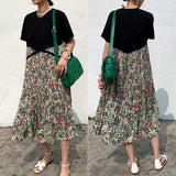 Wjczt 2022 Summer Plus Size 5XL Women&#39;s Dress Short Sleeve T-Shirt Dress Print Patchwork Pleated Robe Fake Two Piece Dress KE1062