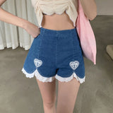 Wjczt Cute Lolita Girls Denim Shorts Japanese Sweet High Waist Lace Irregular Women&#39;s Shorts S-4XL Summer Kawaii Sexy Blue Shorts