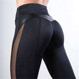 Wjczt Black Fitness Legging Women Heart Workout Legginngs Femmle Mesh And PU Leather Patchwork Leggings Solid Pants