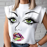 Wjczt Elegant Women Chain Print Blouse Shirts New Summer Casual Stand Neck Pullovers Tops Lady 2XL Fashion Cute Eye Short Sleeve Blusa