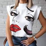 Wjczt Elegant Women Chain Print Blouse Shirts New Summer Casual Stand Neck Pullovers Tops Lady 2XL Fashion Cute Eye Short Sleeve Blusa