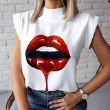 Wjczt Elegant Women Chain Print Blouse Shirts New Summer Casual Stand Neck Pullovers Tops Lady 2XL Fashion Cute Eye Short Sleeve Blusa