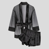 Wjczt Men Robe Sets Mesh Leopard Patchwork See Through Sexy Open Stitch Bathrobes &amp;amp; Shorts Homewear Men Nightgown Suits