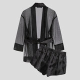 Wjczt Men Robe Sets Mesh Leopard Patchwork See Through Sexy Open Stitch Bathrobes &amp;amp; Shorts Homewear Men Nightgown Suits