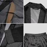 Wjczt Men Robe Sets Mesh Leopard Patchwork See Through Sexy Open Stitch Bathrobes &amp;amp; Shorts Homewear Men Nightgown Suits