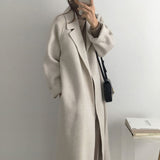 Wjczt Women Elegant Long Wool Coat With Belt Solid Color Long Sleeve Chic Outerwear Ladies Drop Shoulder Overcoat
