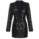 Wjczt High Quality Fashion 2022 Designer Blazer Women Double Lion Buttons Shawl Collar Glitter Sequined Long Runway Black Blazers