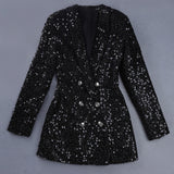 Wjczt High Quality Fashion 2022 Designer Blazer Women Double Lion Buttons Shawl Collar Glitter Sequined Long Runway Black Blazers