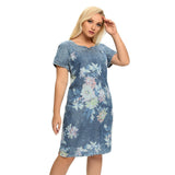 Wjczt Women&#39;s Plus Size Denim Dress Summer Slim Fit Dress Casual Dress Printed Woven Denim Short Sleeve Knee-Length