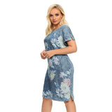 Wjczt Women&#39;s Plus Size Denim Dress Summer Slim Fit Dress Casual Dress Printed Woven Denim Short Sleeve Knee-Length