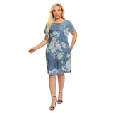 Wjczt Women&#39;s Plus Size Denim Dress Summer Slim Fit Dress Casual Dress Printed Woven Denim Short Sleeve Knee-Length