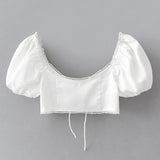 Wjczt Summer blouse women ruffle shirt vintage crop top elegant tie front tops korean white blouses streetwear short shirts 2022