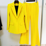 Wjczt Blazer Pantsuits Two Piece Set Office Ladies Women Yellow Purple Business Single Buttons Flared Pants Blazer + Pants Formal Suit