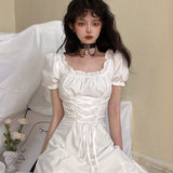 Wjczt Women&#39;s Dress White Gothic Dress Harajuku Ghost Horse Dresses Vintage Square Collar Bandage Puff Sleeve Dresses For Women 2022