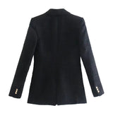 Wjczt Women Fashion With Metal Button Tweed Blazer Coat Vintage Long Sleeve Flap Pockets Female Outerwear Chic Veste