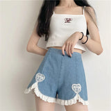 Wjczt Cute Lolita Girls Denim Shorts Japanese Sweet High Waist Lace Irregular Women&#39;s Shorts S-4XL Summer Kawaii Sexy Blue Shorts