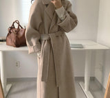 Wjczt Women Elegant Long Wool Coat With Belt Solid Color Long Sleeve Chic Outerwear Ladies Drop Shoulder Overcoat