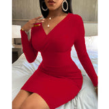 Wjczt Women&#39;s Autumn Elegant Fashion Dresses Sexy Long Sleeve Bottoming Pullover Shirt Threaded Solid Color Deep V-neck Bag Hip Dress