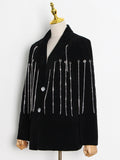 Wjczt Black Casual Patchwork Diamonds Tassel Female Blazer Notched Long Sleeve Korean Fashion Loose Women&#39;s Jacket 2022 Autumn New