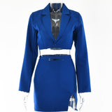 Wjczt 2-Piece Blazer Sets V Neck Cropped Blazer + High Waist Skirt 2022 Autumn Button Notched Lace Up Matching Set