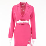 Wjczt 2-Piece Blazer Sets V Neck Cropped Blazer + High Waist Skirt 2022 Autumn Button Notched Lace Up Matching Set