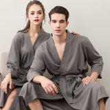 Wjczt Spring and Summer Couple Nightgown One Piece Solid Color Waffle Cardigan Three-Quarter Sleeve Robe