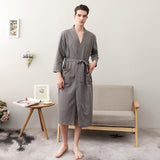 Wjczt Spring and Summer Couple Nightgown One Piece Solid Color Waffle Cardigan Three-Quarter Sleeve Robe