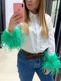 Wjczt Elegant Women Cuff Stitching Green Furry White Shirt 2022 Spring Commuter Patchwork Chic Blouse Vintage Loose Female Tops