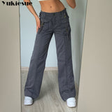 Wjczt Retro gray overalls wide leg cargo women pants women&#39;s trousers sexy low waist loose casual trousers vintage streetwear