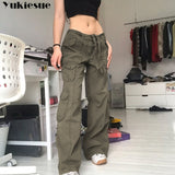 Wjczt Retro gray overalls wide leg cargo women pants women&#39;s trousers sexy low waist loose casual trousers vintage streetwear