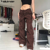 Wjczt Retro gray overalls wide leg cargo women pants women&#39;s trousers sexy low waist loose casual trousers vintage streetwear