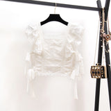 Wjczt 2022 Summer Sexy Hollow Out Embroidery Lace Set Women&#39;s Suits Ruffles Short Sleeve Tops + White Mini Short Skirts 2 Piece Sets