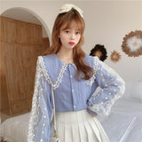 Wjczt Blouses Shirts Women Peter Pan Collar Lace Patchwork Sweet Elegant Lantern Sleeve Korean Style Autumn Students Vintage Fashion
