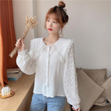 Wjczt Blouses Shirts Women Peter Pan Collar Lace Patchwork Sweet Elegant Lantern Sleeve Korean Style Autumn Students Vintage Fashion