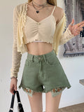 Wjczt Women&#39;s Short Pants Hight Waist Splice Pocket Wide Legs Shorts Women 2022 Fashion Casual Loose Green Shorts Feminino