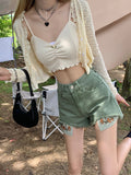 Wjczt Women&#39;s Short Pants Hight Waist Splice Pocket Wide Legs Shorts Women 2022 Fashion Casual Loose Green Shorts Feminino