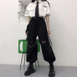 Wjczt Gothic Streetwear Women&#39;s Cargo Pants with Chain Punk Techwear Black Oversize Korean Fashion Wide Leg Trousers Alt