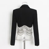 Wjczt Black Patchwork Chains Two Piece Set Women Notched Long Sleeve Short Blazer High Waist Mini Skirt Women&#39;s Suit 2022