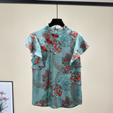 Wjczt Chinese Cheongsam Style Women Floral Chiffon Shirt 2022 Summer Blouse Ruffles Short Sleeve Shirts Tops Blusas A3252