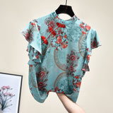 Wjczt Chinese Cheongsam Style Women Floral Chiffon Shirt 2022 Summer Blouse Ruffles Short Sleeve Shirts Tops Blusas A3252