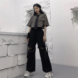 Wjczt Gothic Streetwear Women&#39;s Cargo Pants with Chain Punk Techwear Black Oversize Korean Fashion Wide Leg Trousers Alt