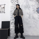 Wjczt Gothic Streetwear Women&#39;s Cargo Pants with Chain Punk Techwear Black Oversize Korean Fashion Wide Leg Trousers Alt