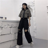 Wjczt Gothic Streetwear Women&#39;s Cargo Pants with Chain Punk Techwear Black Oversize Korean Fashion Wide Leg Trousers Alt