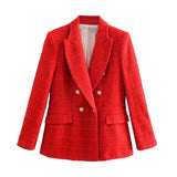 Wjczt 2022 Women New Casual Tweed Blazer Vintage Office Lady Autumn Jacket Coat double Breasted Outwear Female Chic Tops