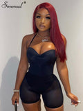 Wjczt Low Cut Camis Bodysuit And Mesh Biker Shorts Sets Women Two Piece Outfits Sporty Bodycon Strap Summer Baddie Clothing