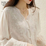 Wjczt French Embroidery Flower Lace Shirt Women&#39;s V Neck Sweet Long Sleeve Linen Blouse Women Autumn Loose Elegant Sunscreen Top 16108