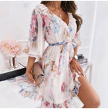 Wjczt Women&#39;s Floral Print Half Sleeve Sexy Mini Party Dress Backless Ruffle Spring Summer Dress 2022 Casual Female Clothing