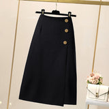 Wjczt 2022 Autumn Winter Women&#39;s Skirt Wool&amp;Blends Thick Black Skirts A-Line Button Suit Skirt Loose Oversize Female Clothing KE1738