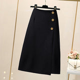 Wjczt 2022 Autumn Winter Women&#39;s Skirt Wool&amp;Blends Thick Black Skirts A-Line Button Suit Skirt Loose Oversize Female Clothing KE1738
