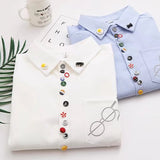 Wjczt Spring Autumn Colorful Buttons Sweet Shirt Women Mori Girl Solid Blue White Embroidery Long Sleeved Female Kawaii Blouse U116